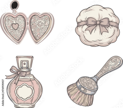 Vintage Beauty Accessories Set: Locket, Perfume, Powder Puff, Brush