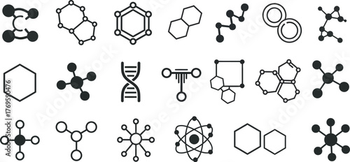 Various black and white chemical structures and molecular diagrams set