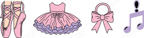 Ballet and Music Icons: Tutu, Pointe Shoes, Bow, and Music Note