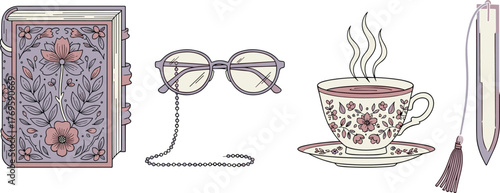 Vintage book, glasses, tea cup, and bookmark illustration