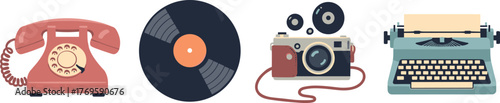 Vintage Technology Collection: Phone, Vinyl, Camera, Typewriter