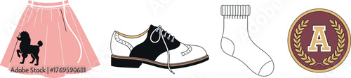 Retro 50s Poodle Skirt, Saddle Shoe, Sock, and Emblem