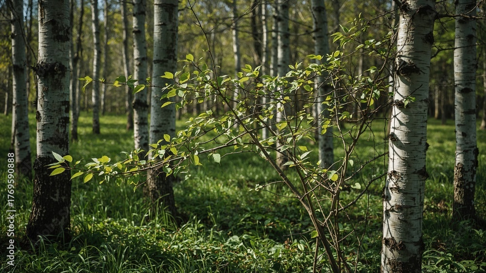 Fototapeta premium Lively birch leaves in a protected forest during early spring.