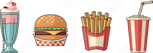 Retro fast food meal: milkshake, burger, fries, and soda