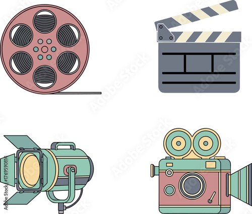 Vintage movie production icons: film reel, clapperboard, spotlight, camera
