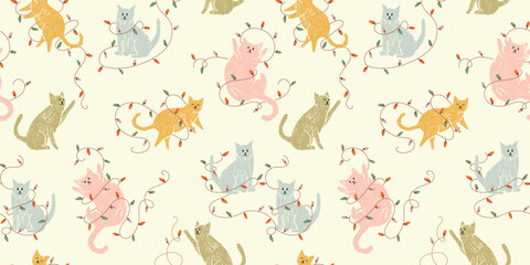Gardinen Tiermuster Christmas seamless pattern with cute cats. Background with pets playing with holiday decorations  © Anna Volkova