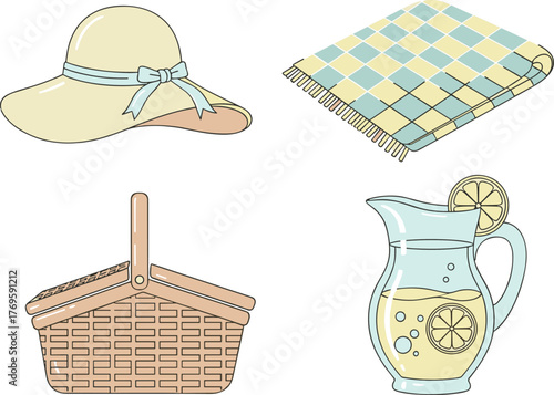 Picnic Set: Hat, Blanket, Basket, and Lemonade Pitcher