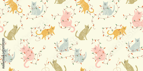 Christmas seamless pattern with cute cats. Background with pets playing with holiday decorations