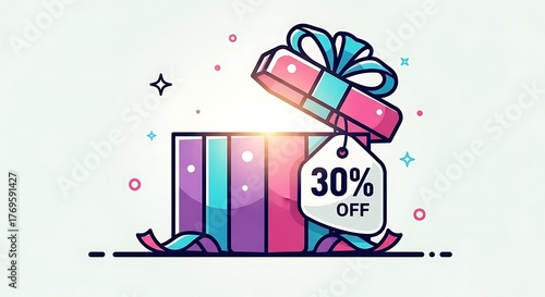 Surprise Gift Box with 30 Off Tag - Special Offer Illustration.