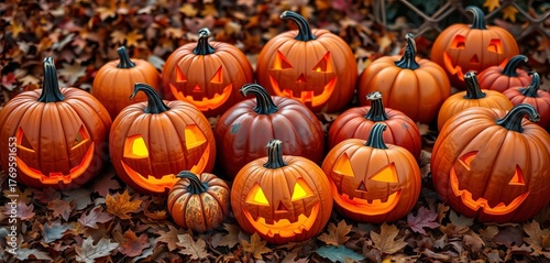 Spooky carved pumpkins, various sizes & styles on autumn leaves, still life, leaves
