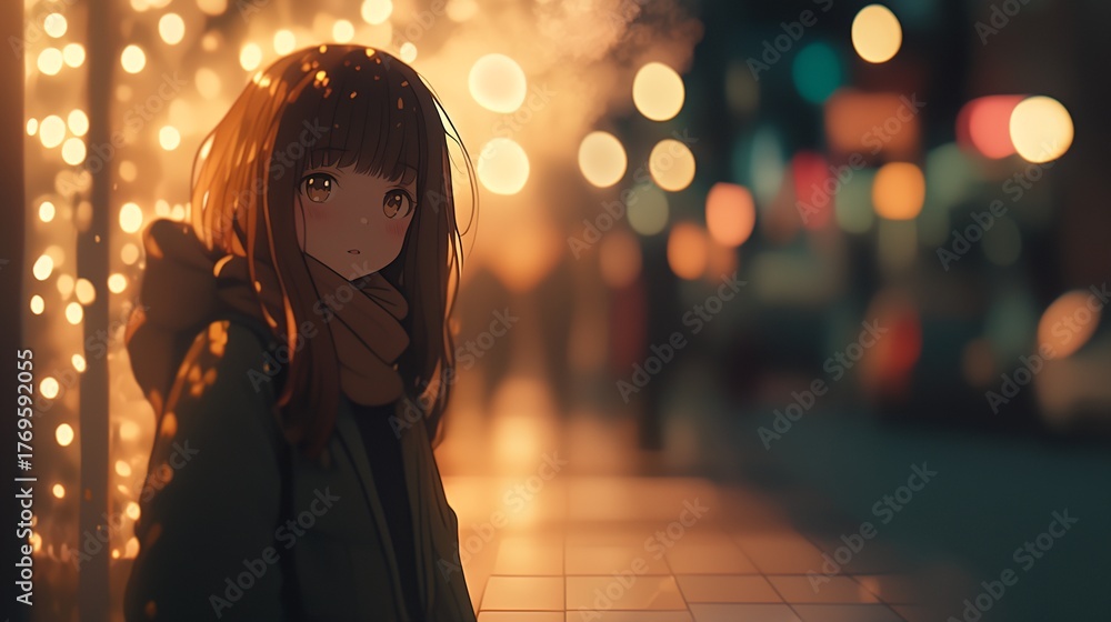 Fototapeta premium 冬のイルミネーションがきれいな街の歩道を歩くアニメ調の美少女