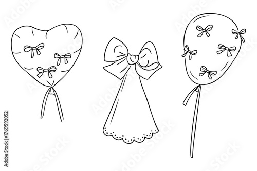 Set of hand drawn decorative elements including heart and oval balloons with bows and a lace bonnet. Concept of celebration, femininity and romantic holiday decorations