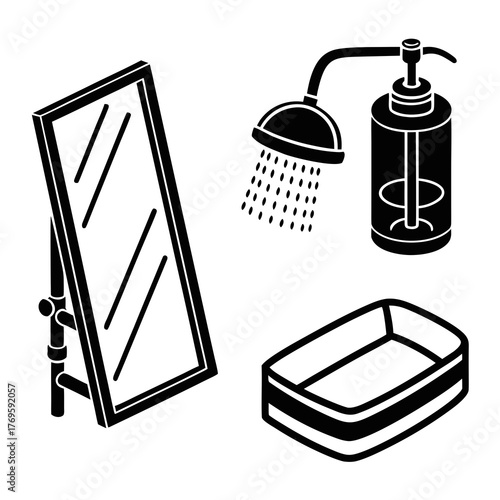A minimalist bathroom set featuring a standing mirror, a shower head with running water, and a soap dish, all rendered in a simple black silhouette style