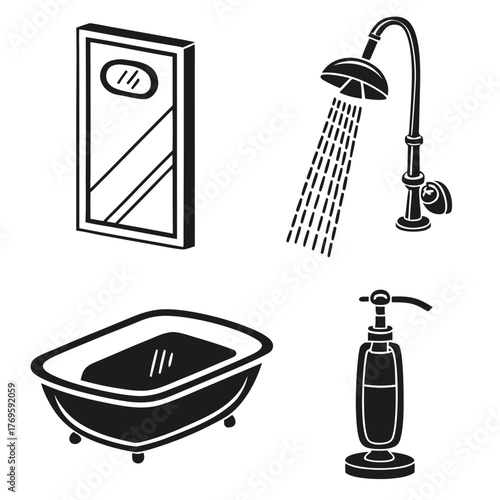 Bathroom interior design with bathtub, shower, mirror and soap dispenser minimalist bathroom concept with modern fixtures and accessories