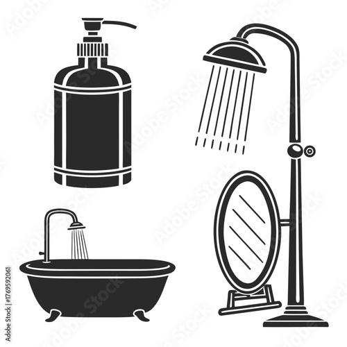 Bathroom interior design with bathtub, shower, mirror and soap dispenser minimalist bathroom concept with modern fixtures and accessories