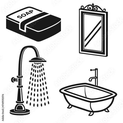 Bathroom interior design with bathtub, shower, mirror and soap minimalist bathroom concept with modern fixtures and accessories