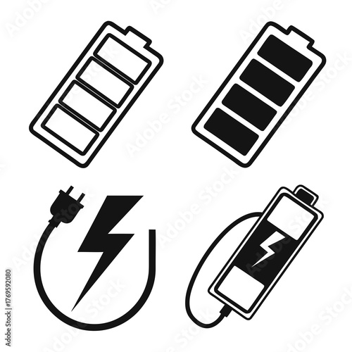 Set of battery icons showing different charge levels, representing energy, power, and technology in a simple and modern design style