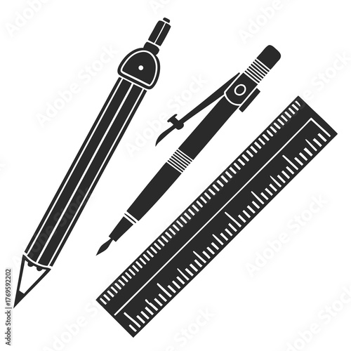 A meticulously crafted vector illustration showcases a compass, technical pen, and ruler, essential tools for precision in drafting and design