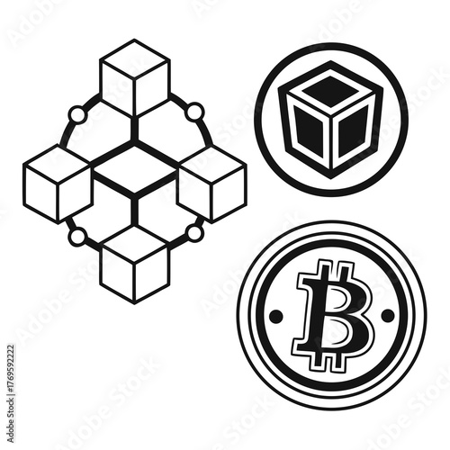 Decentralized network concept illustration with interconnected blocks and bitcoin symbol represents the distributed and transparent nature of blockchain