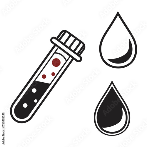 Illustration of a blood sample in a test tube with two blood drops perfect for medical, scientific, and healthcarerelated projects and designs