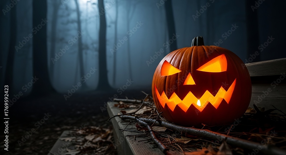 Obraz premium A glowing jack-o'-lantern on a wooden bench in a spooky, foggy forest.
