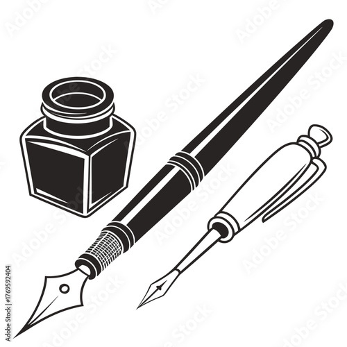 Illustration of an inkwell and fountain pen, perfect for representing writing, calligraphy, or vintage office supplies in a clean and minimalist style