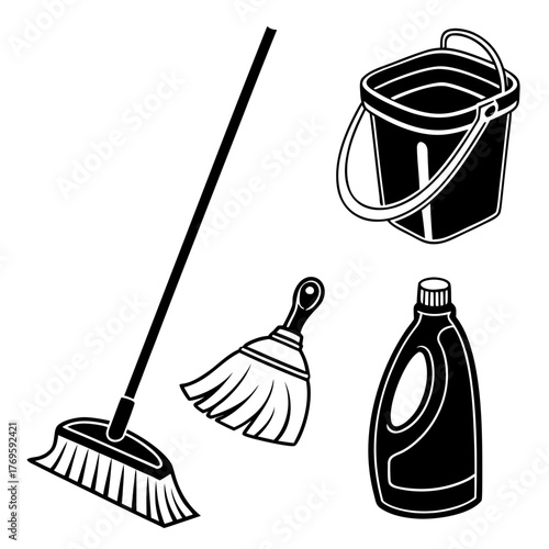Illustration of cleaning tools, including a broom, bucket, brush, and bottle, perfect for illustrating cleaning concepts and household chores