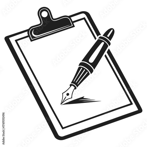 A clipboard with a blank sheet and a fountain pen writing on it, it represents writing notes, signing documents, or creating content in a formal setting