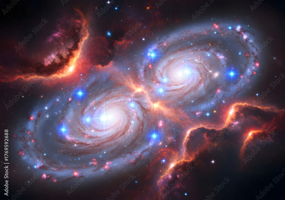 Fototapeta premium Vivid illustration of two galaxies colliding, creating a celestial spectacle of cosmic energy 