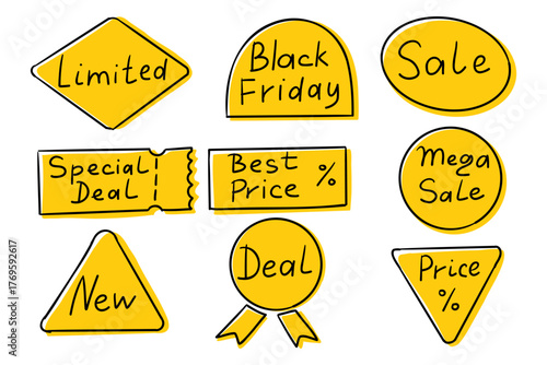 Set of hand drawn sale badges and promotional labels with texts like Black Friday, Sale and Deal. Concept of marketing, discounts and special retail offers