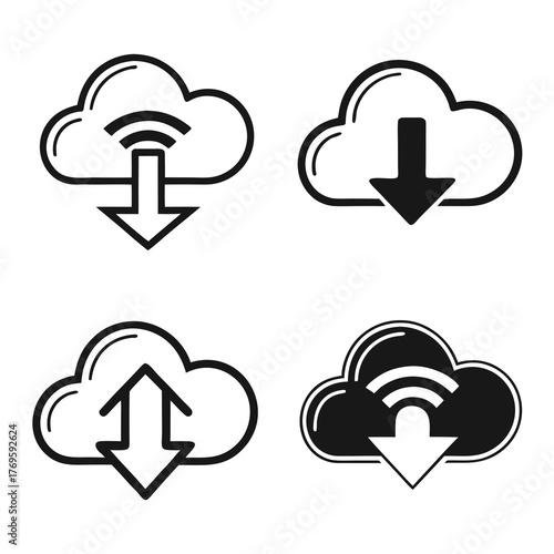 This vector image showcases a collection of cloud icons, each representing different aspects of cloud computing and data transfer the icons include cloud download, cloud upload, and cloud wifi