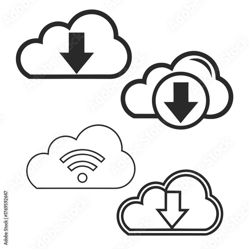 This vector image showcases a collection of cloud icons, each representing different aspects of cloud computing and data transfer the icons include cloud download, cloud wifi