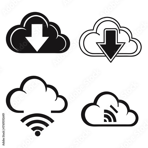 This vector image showcases a collection of cloud icons, each representing different aspects of cloud computing and data transfer the icons include cloud download, cloud wifi