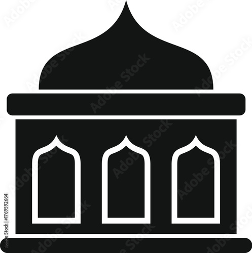 Simple black and white vector icon of a mosque, showcasing traditional islamic architecture