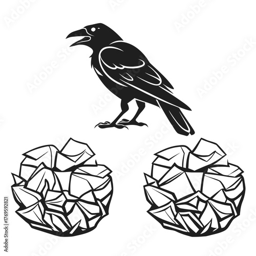 A striking black raven perched above two crumpled paper balls, , creating a minimalist yet impactful composition with a touch of mystery and intrigue