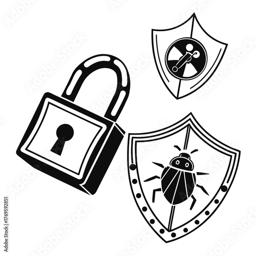 A compelling illustration depicts a padlock alongside shields adorned with symbols of radiation and a beetle, , conveying themes of security and protection