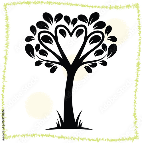 Stylized Tree Silhouette with Heart Shaped Branches Symbolizing Love and Nature in a Decorative Green Border for Various Design Projects