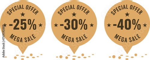 Three yellow mega sale stickers with different discount percentages