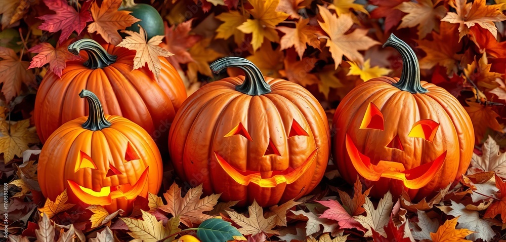 Fototapeta premium Three carved pumpkins, various sizes, autumn leaves, cute, tradition