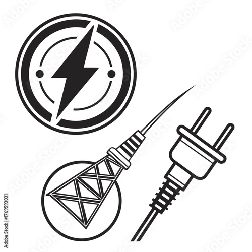 An illustration featuring a lightning bolt in circle, electricity pylon in circle, and plug, symbolizing power, energy, and electrical supply