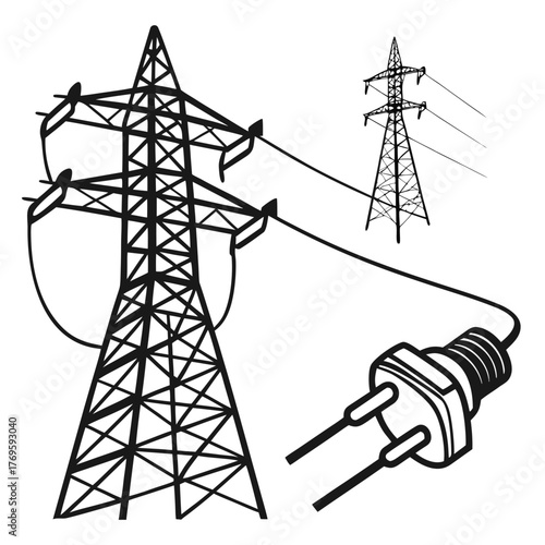 Illustration depicting the concept of electricity, showcasing power lines, pylons, and a plug, symbolizing energy, transmission, and electrical connection