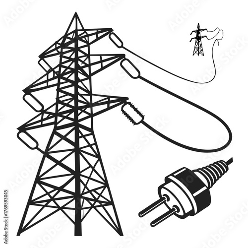 Illustration depicting the concept of electricity, showcasing power lines, pylons, and a plug, symbolizing energy, transmission, and electrical connection