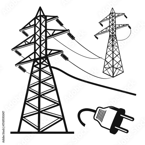 Illustration depicting the concept of electricity, showcasing power lines, pylons, and a plug, symbolizing energy, transmission, and electrical connection