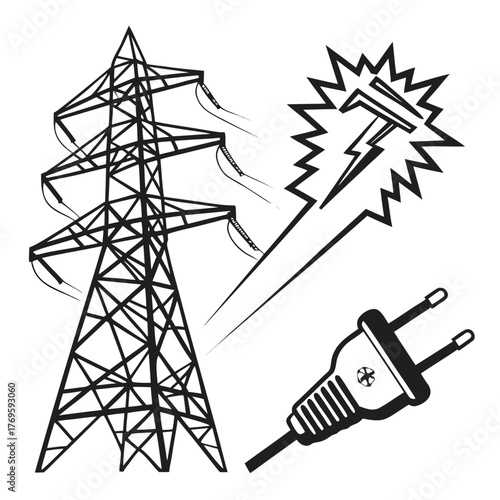 Illustration of an electrical hazard featuring a power line tower, an electrical plug, and a lightning bolt, all, creating a striking and informative image