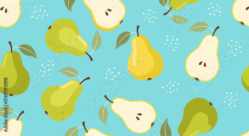 Seamless pattern of yellow and green pears and pear halves on a bright blue background.