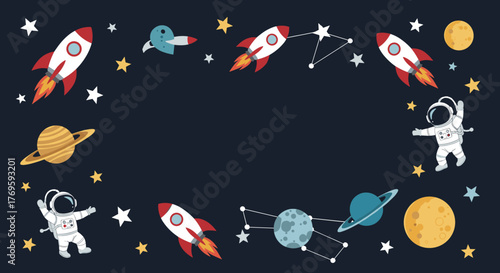 Cute cartoon space elements including astronauts, rockets, planets and stars on a dark background.