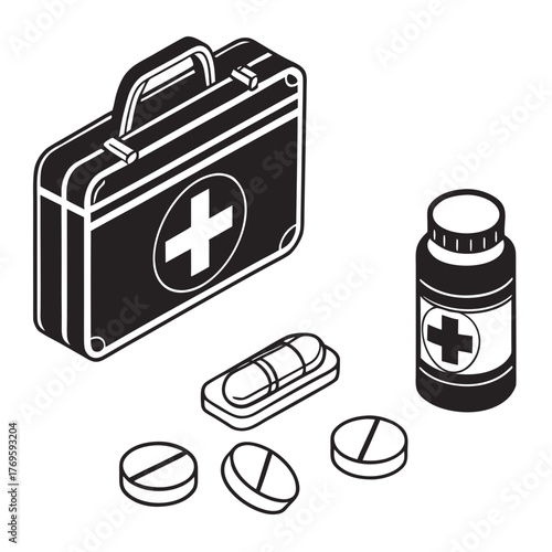 Isometric first aid kit and pills a medical kit with a cross, a bottle of pills, and a blister pack vector illustration of healthcare and medicine