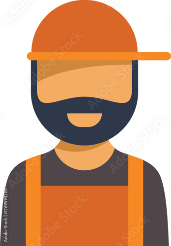 Flat vector illustration of a bearded construction worker wearing orange overalls and an orange cap, isolated on white background