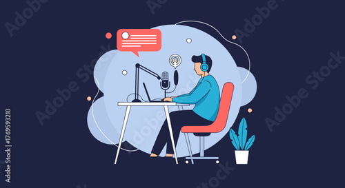 Flat illustration of a podcaster recording audio with a laptop and microphone in a studio setting.