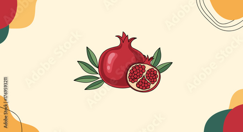 Stylized illustration of a whole pomegranate and a cut pomegranate with arils, surrounded by leaves, on a cream background with abstract shapes.